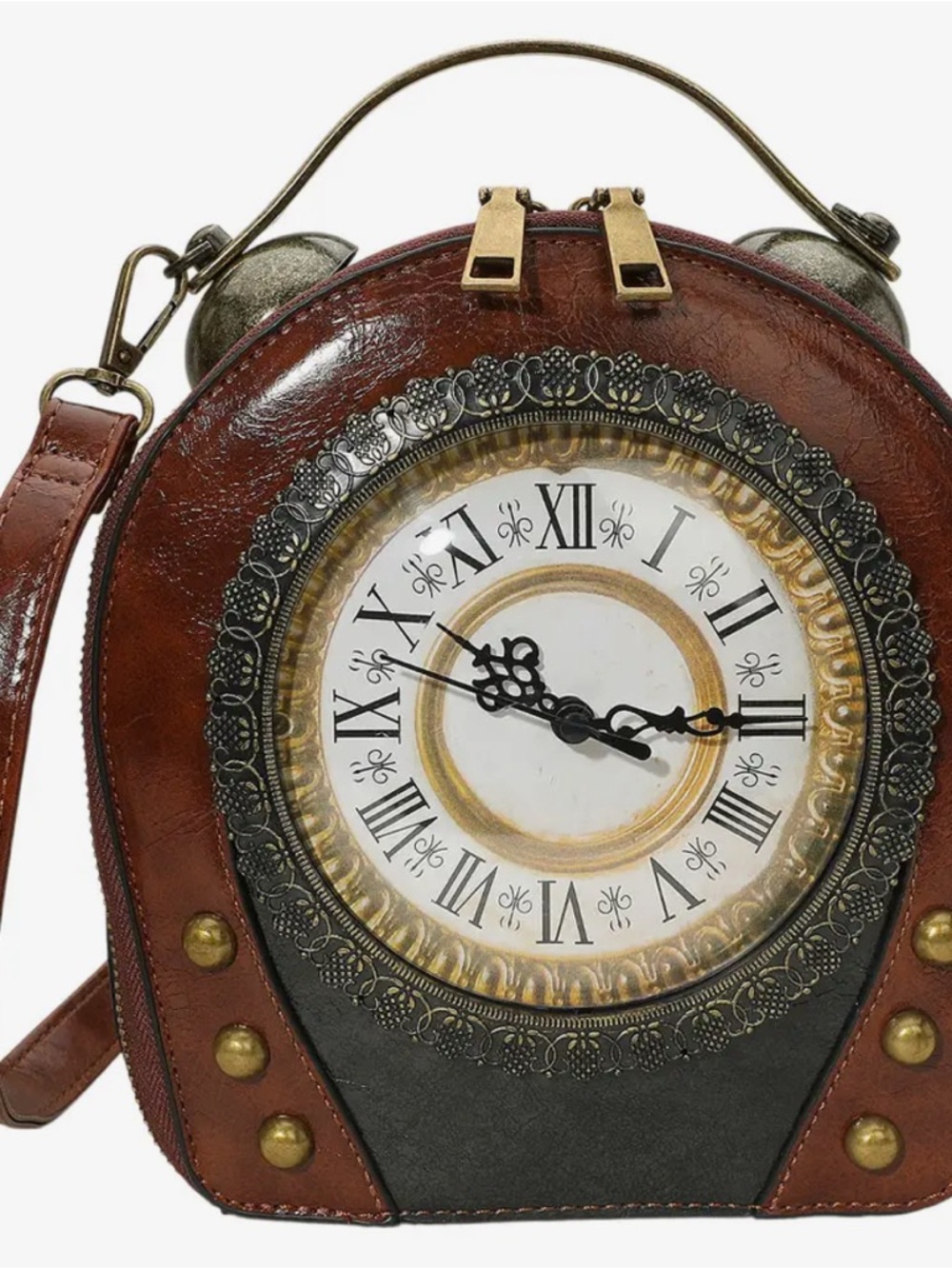 Vintage-Inspired Round Clock Handbag Crossbody purse nwt new in Black brown - Picture 3 of 3